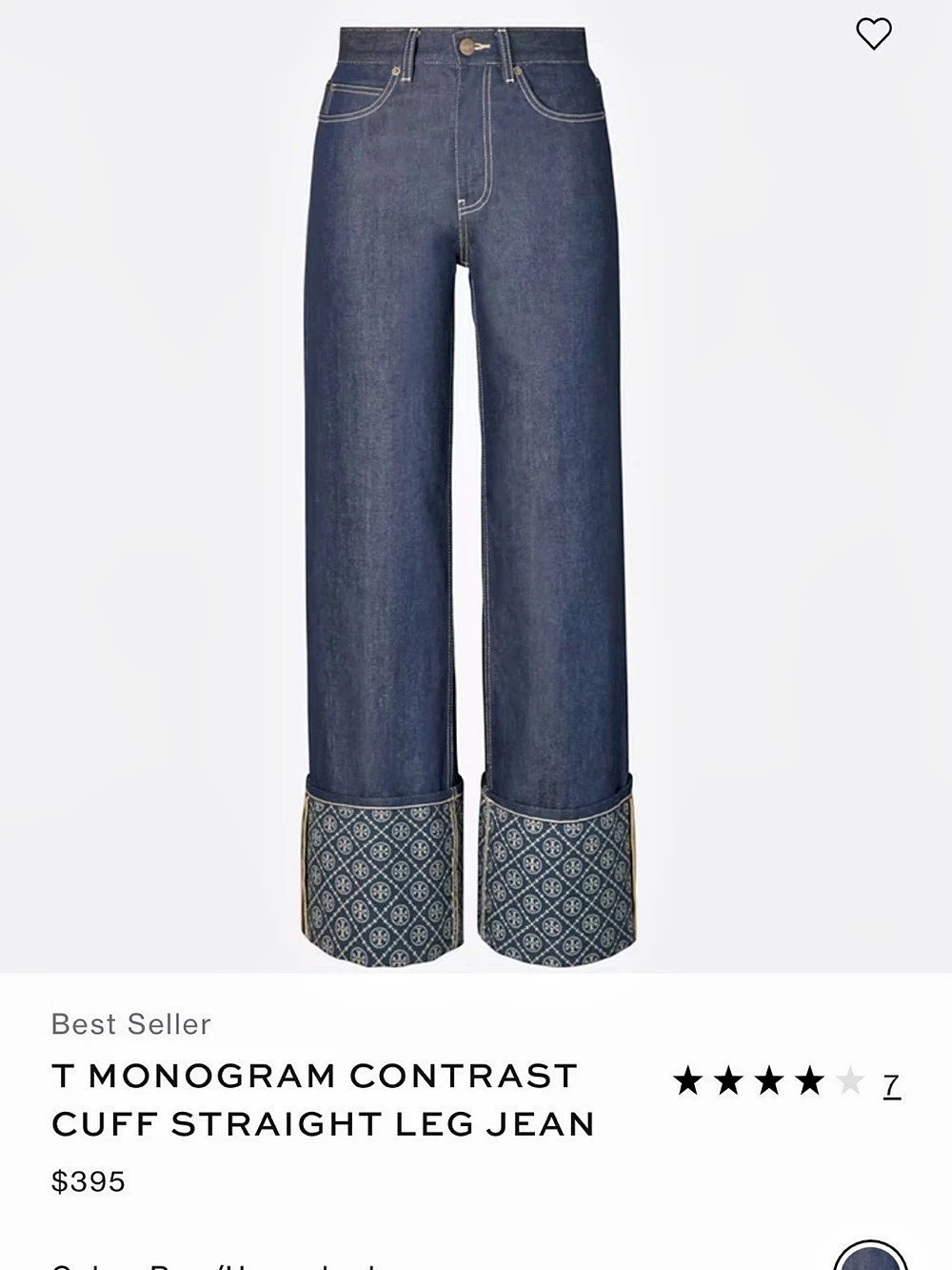 Tory Burch T Monogram Contrast Cuff Straight Leg Jeans Blue Waist 27 Like New